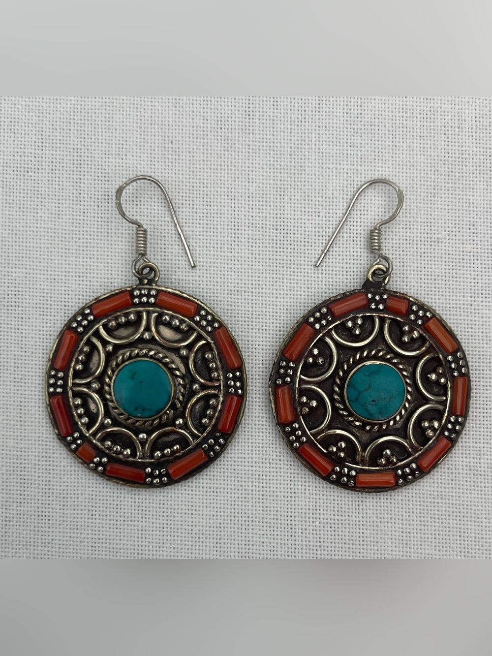 Turquoise and Coral Round Drop Earrings - Women Jewelry